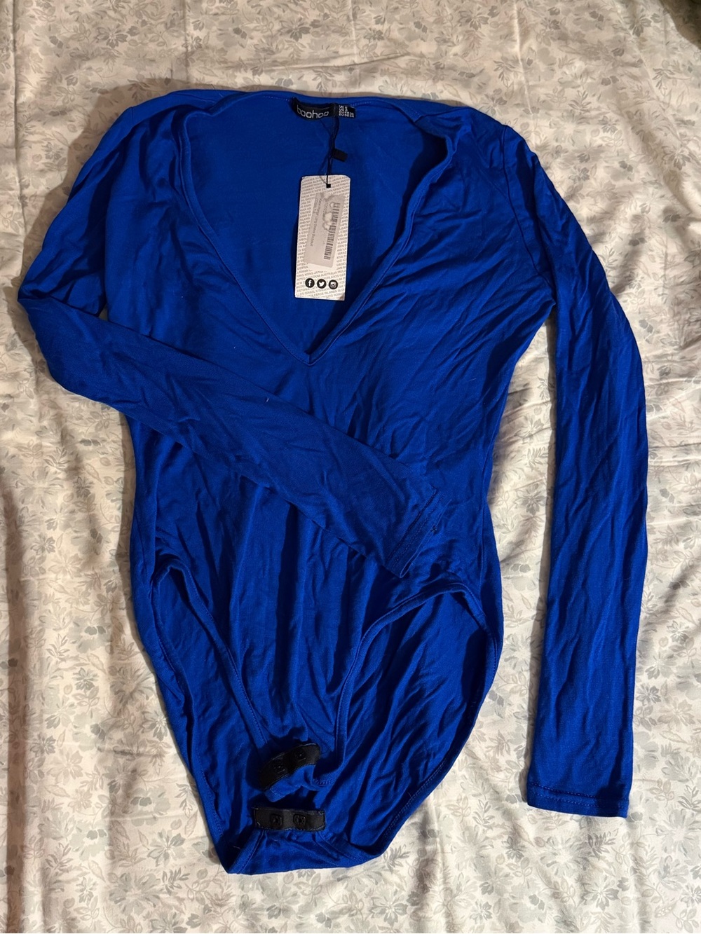 Boohoo Cobalt Blue V-Neck Long Sleeve Bodysuit